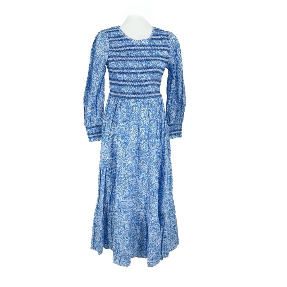 NWT Pink City Prints Isabel Dress S Ornate Sky Blue Cotton Smocked Midi - Picture 5 of 12